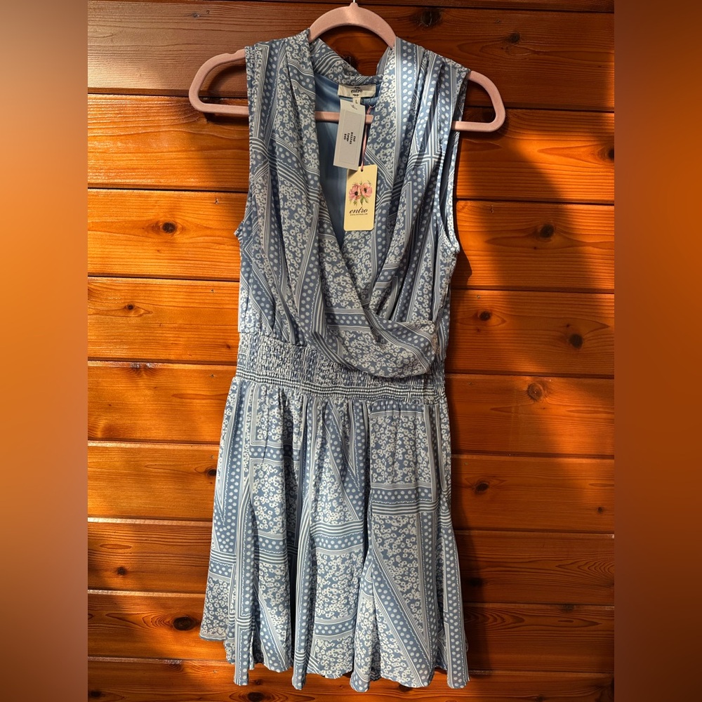 Entro Blue and White Patterned Midi Dress